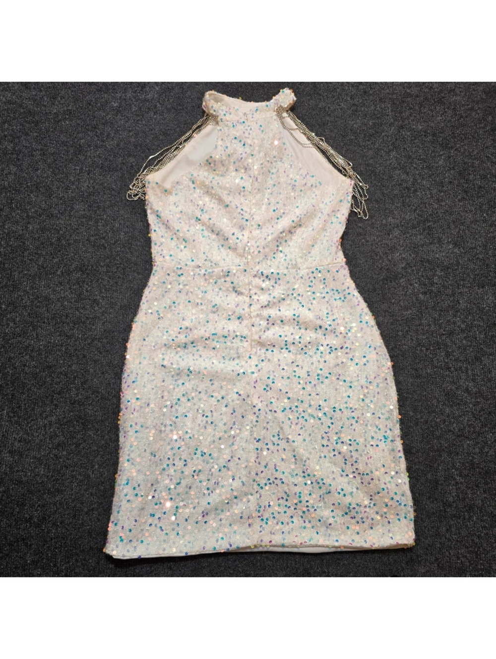White Sequin Halter Mini Dress L Bridal Shower Reception Party Rhinestone - Picture 3 of 7